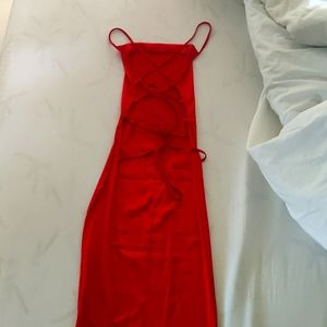 Rust cowl neck open back midi dress